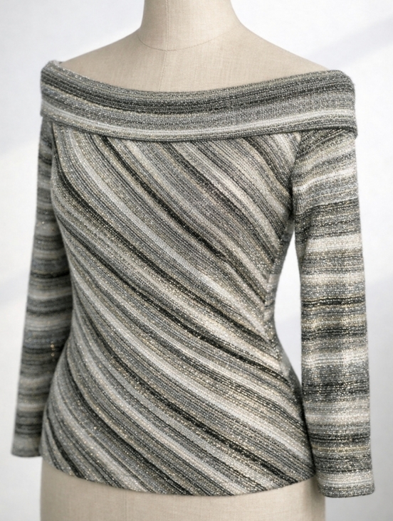Vintage Tops - Vintage 90s Off Shoulder Metallic Stripe Top Black Gold Shimmer XS S